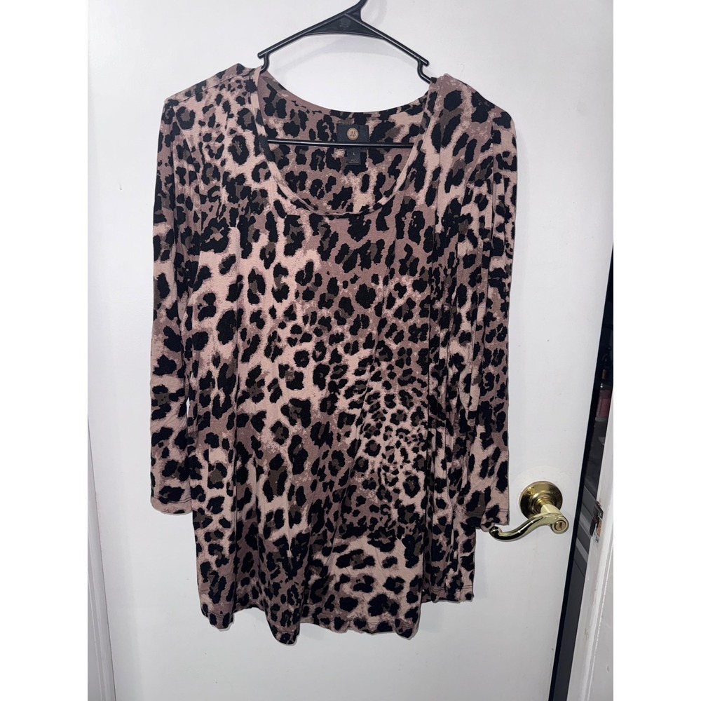 JM Collection Womens Leopard Print Long Sleeve Scoop Neck Tunic Top Brown Large